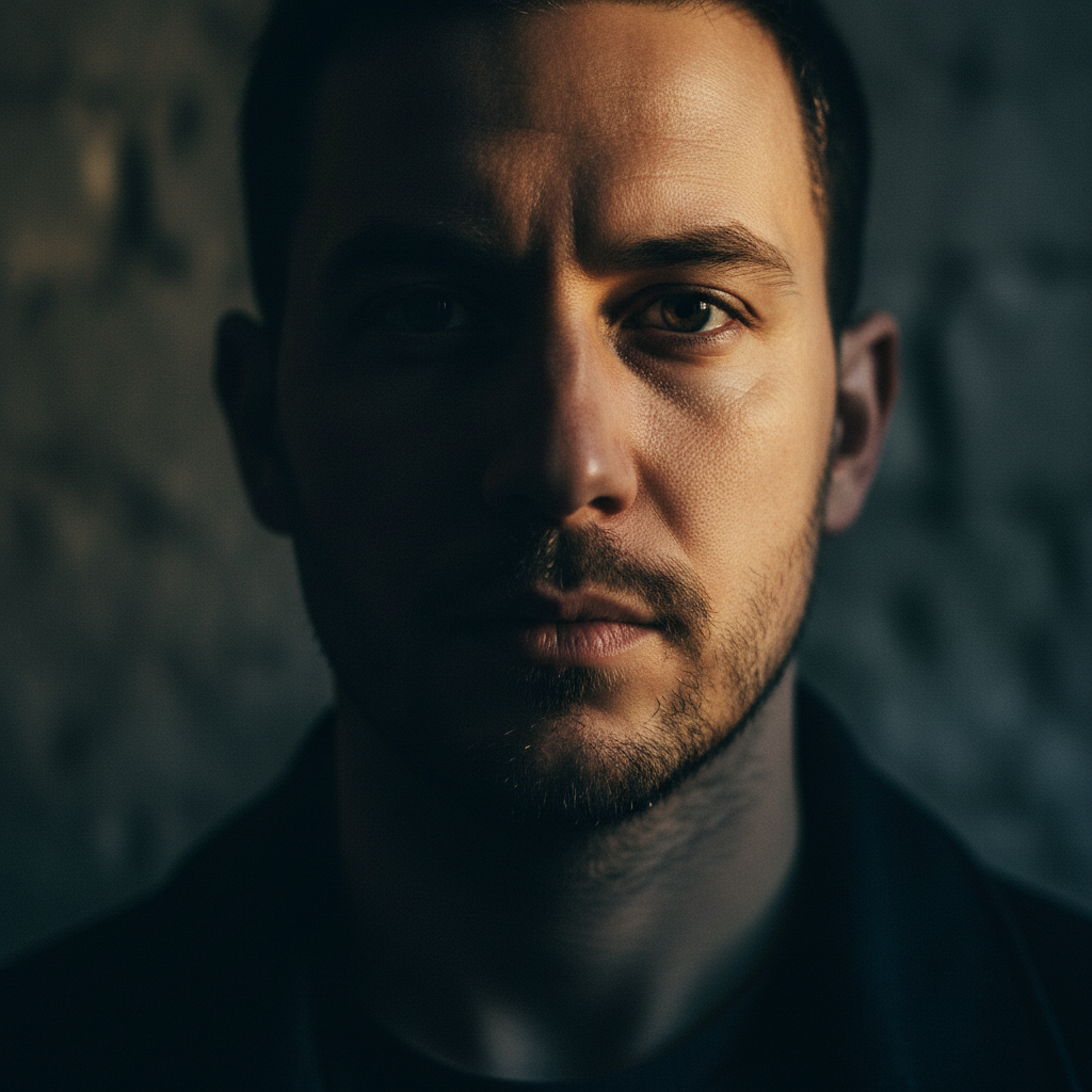 Dark studio portrait with dramatic side lighting