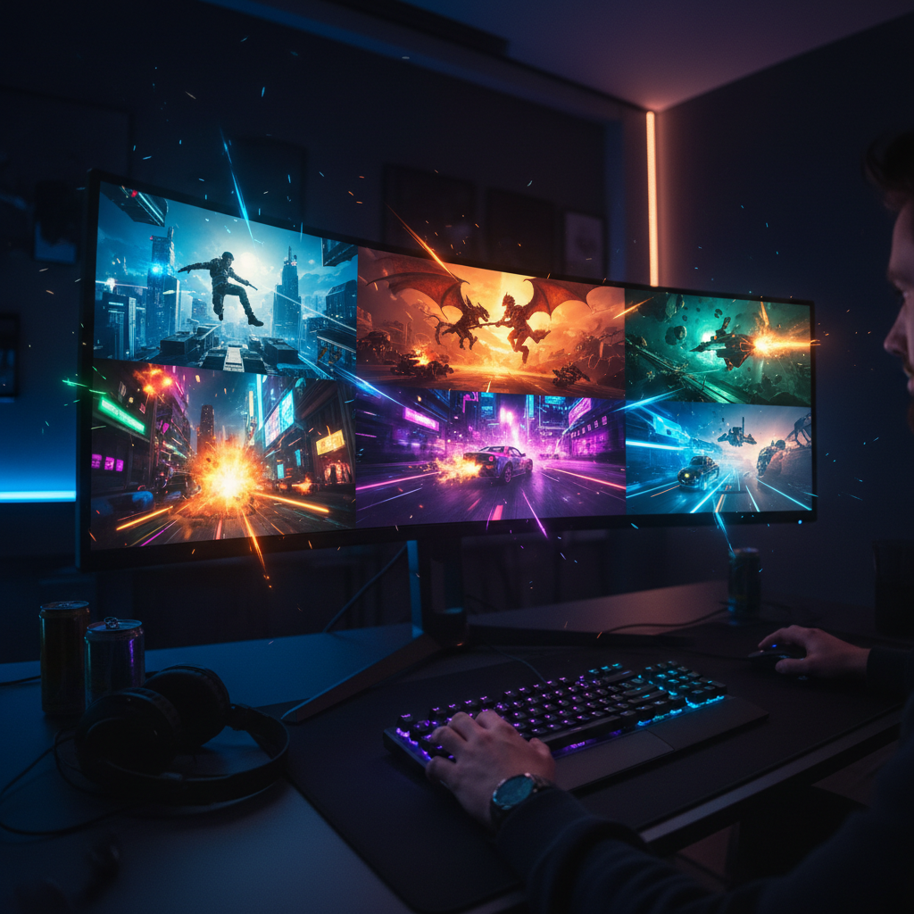 Colorful gaming montage with dramatic action shots and neon effects