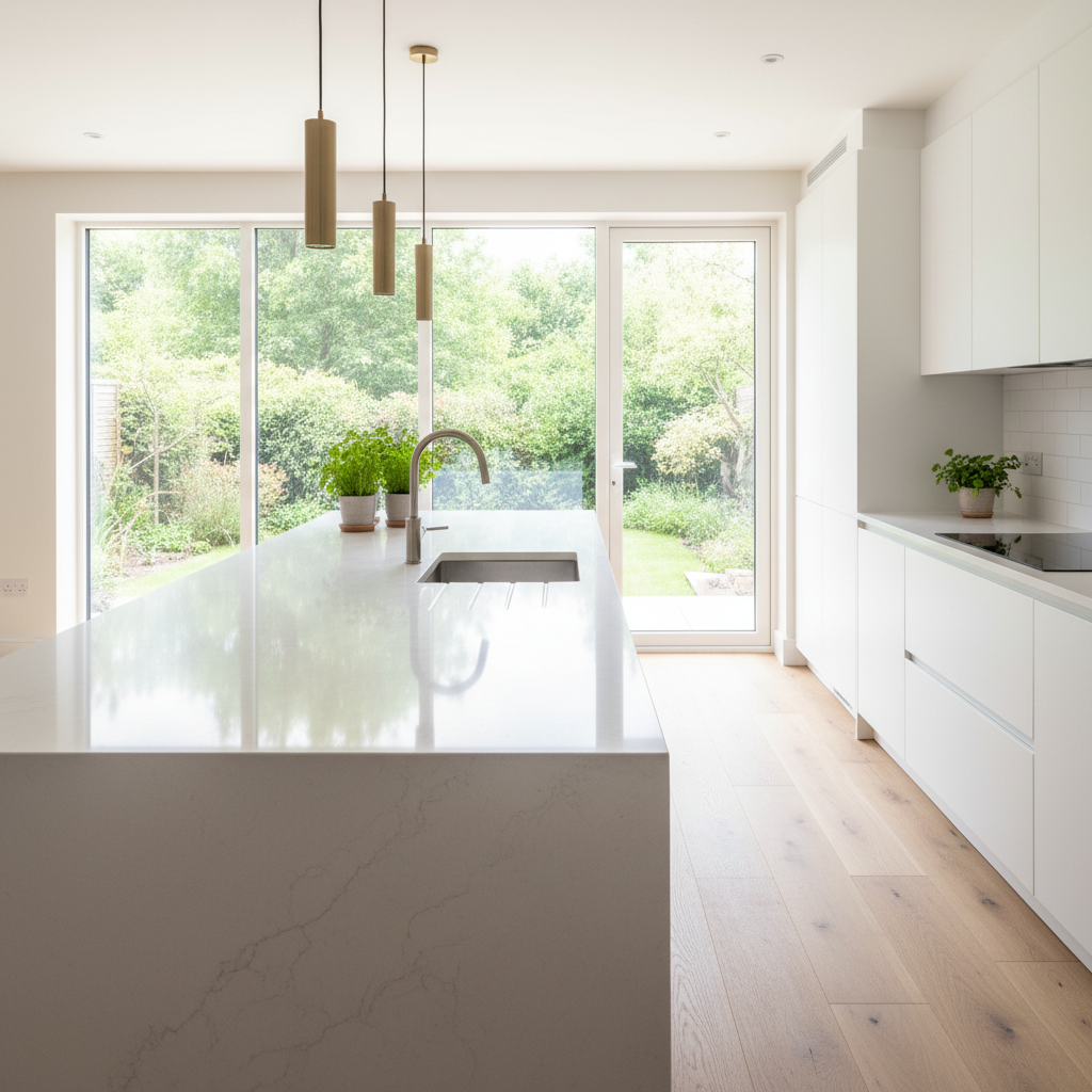 Renovated kitchen with seamless quartz countertops installed