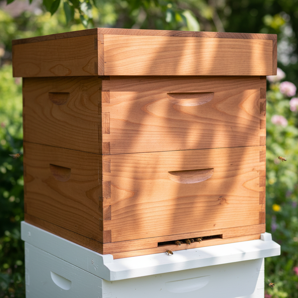 Cedar 10-frame Langstroth hive body with visible wood grain, stacked on a white bottom board in dappled sunlight