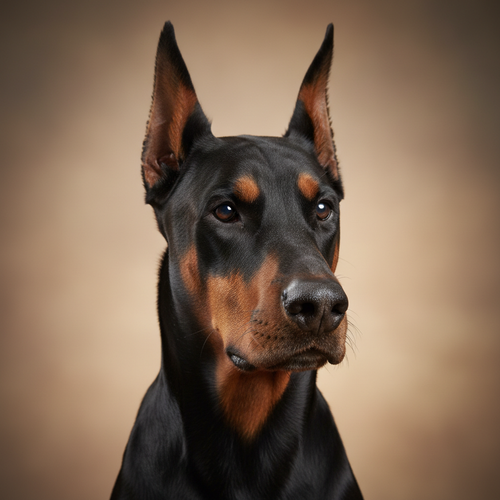 Close-up of Doberman's sleek black and rust coat under warm studio lighting during pre-groom assessment