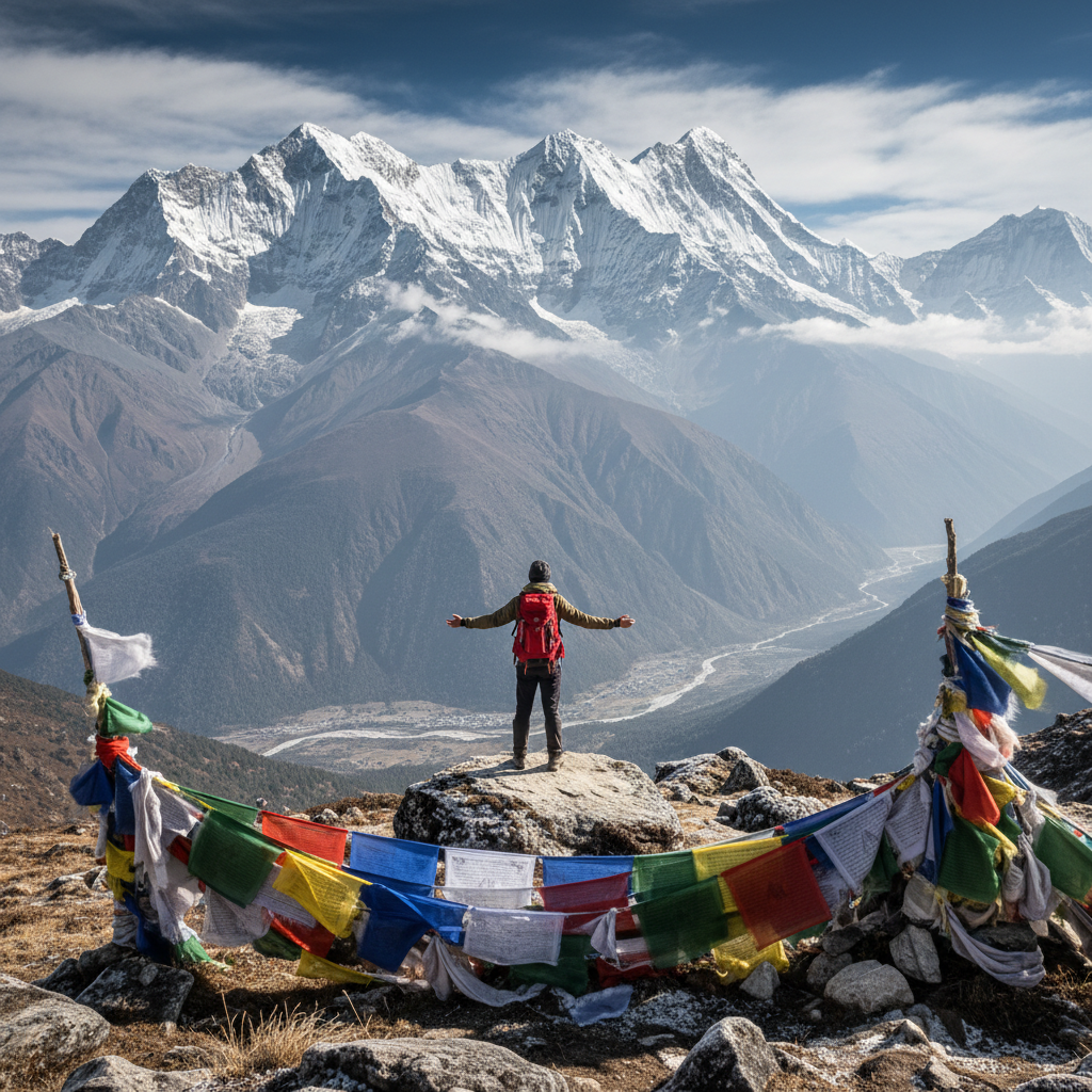 Annapurna mountain range with prayer flags in foreground at high altitude