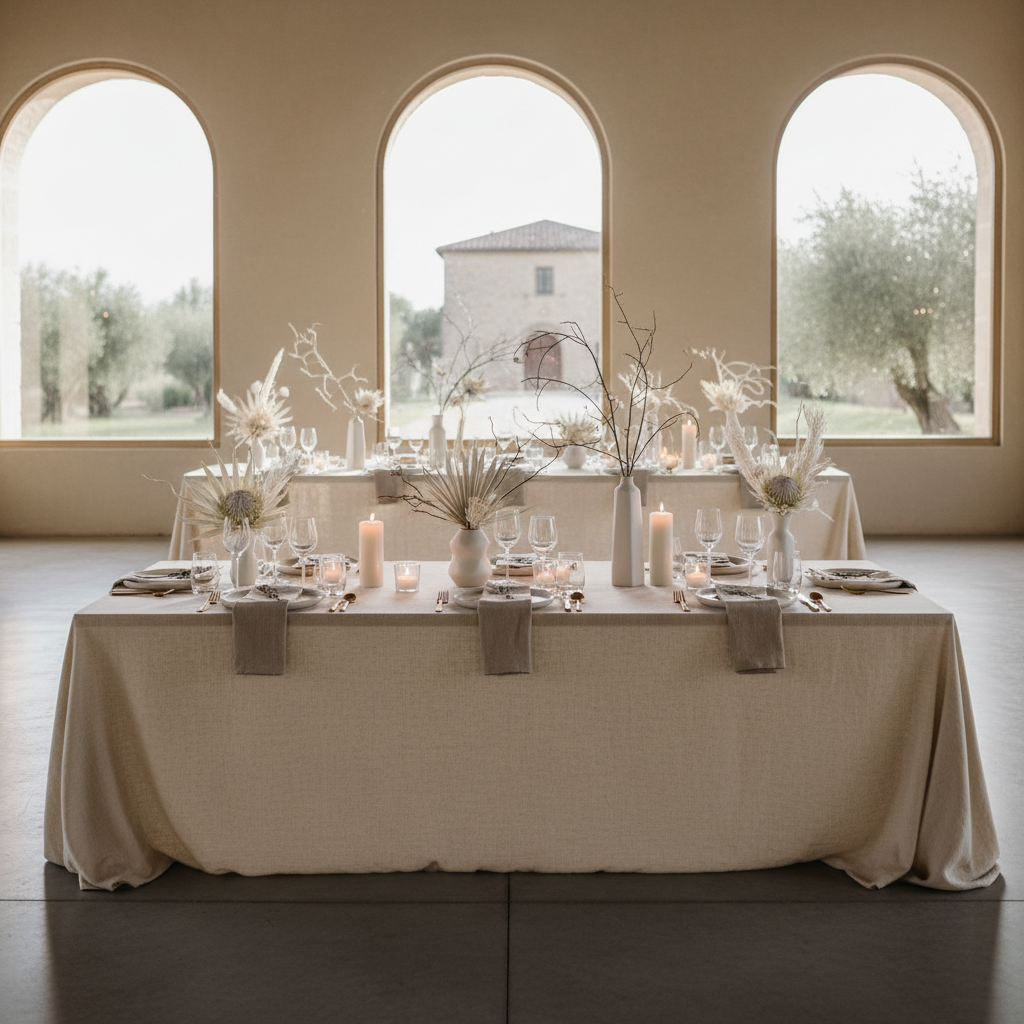 Modern minimalist wedding table setting with textural linen and architectural floral arrangements