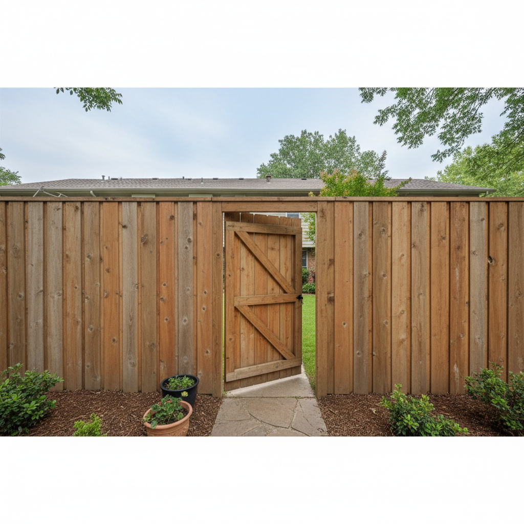 Board-on-board cedar fence dividing a duplex backyard in Etobicoke with a wooden gate