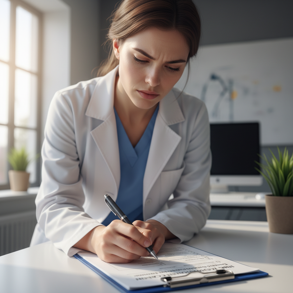 Medical professional studying at a desk with books and notes in a focused environment