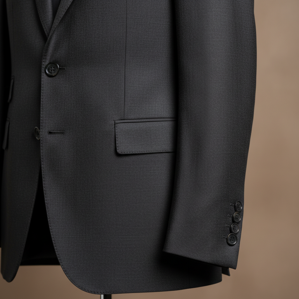Dark luxury menswear editorial, shadowed gentleman in tailored suit, moody studio