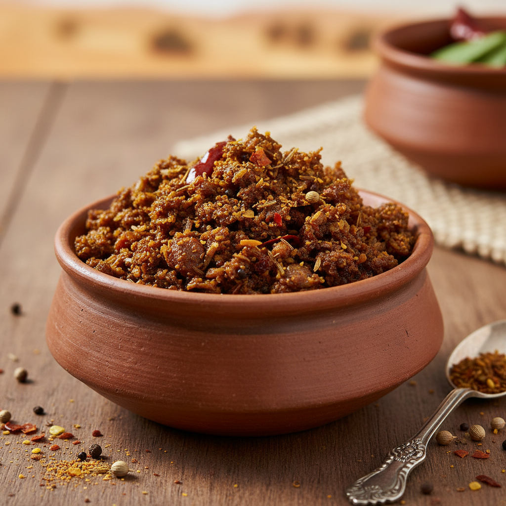 Ker sangri — desert beans and berries in dry spice masala, deep brown, served in small katori