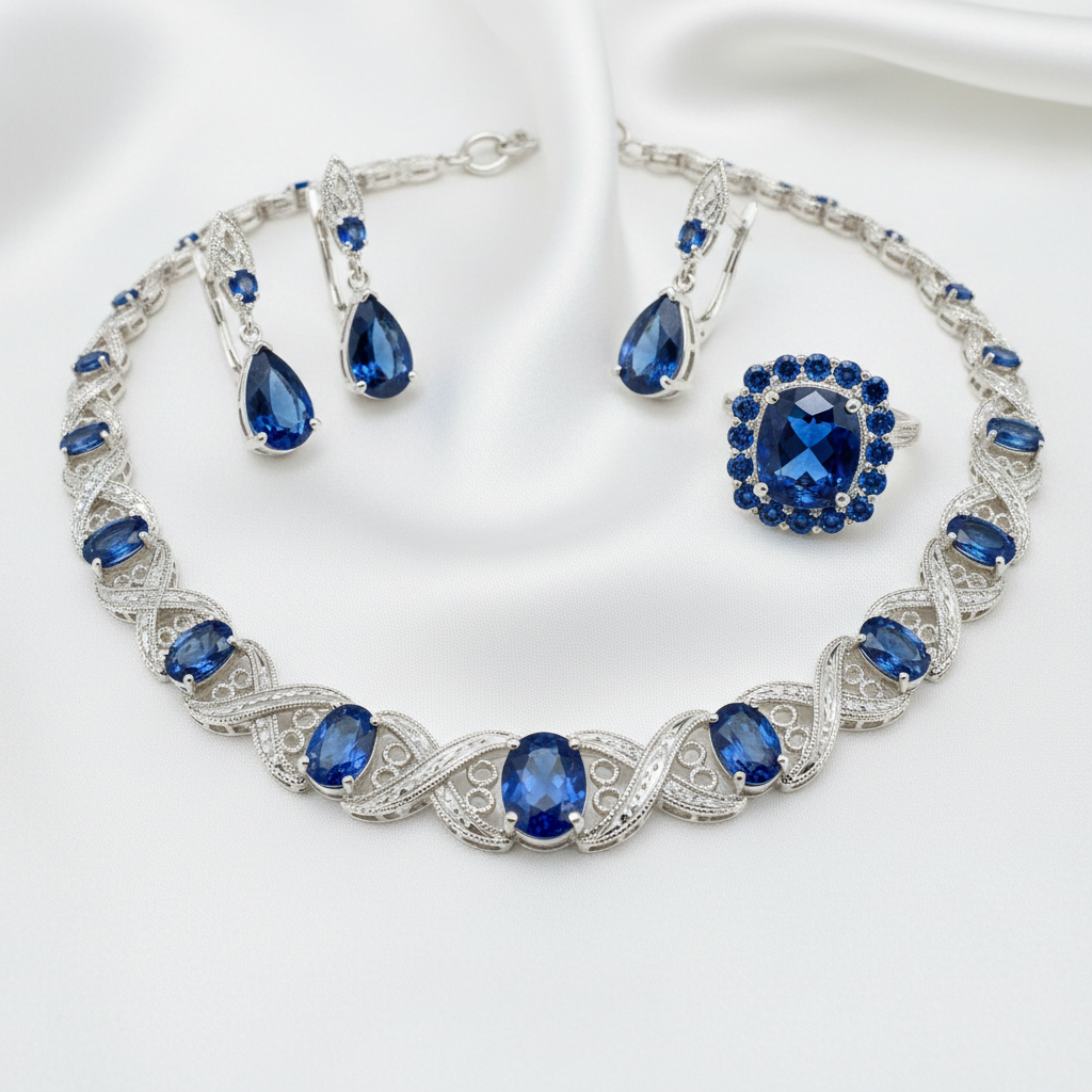 Delicate platinum pendant necklace with oval blue sapphire on clean white background
