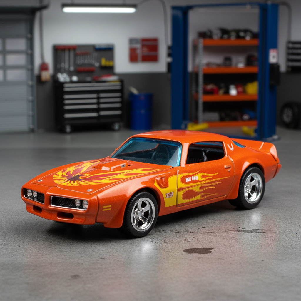 Orange Hot Bird Treasure Hunt Firebird die-cast in garage display