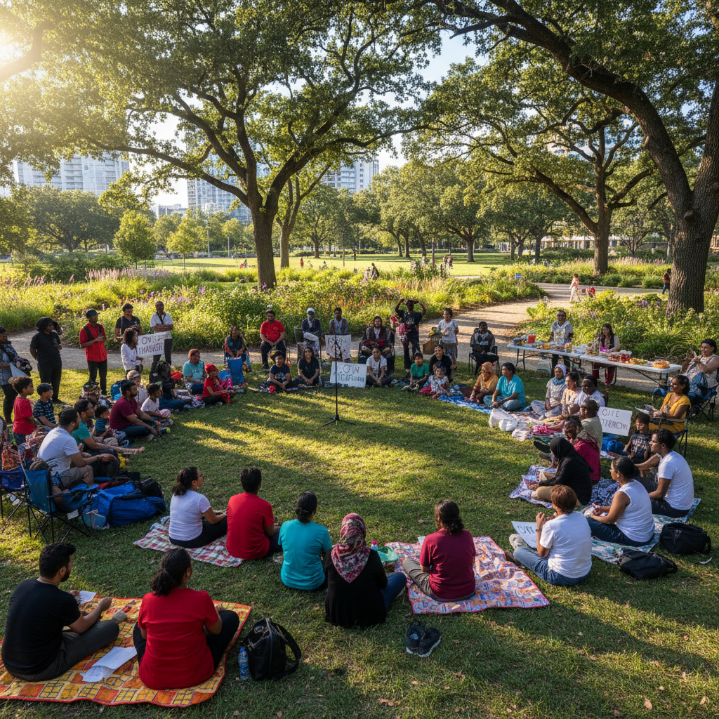 Community members gathered in a meeting outdoors, bright daylight, open green space, engaged and smiling