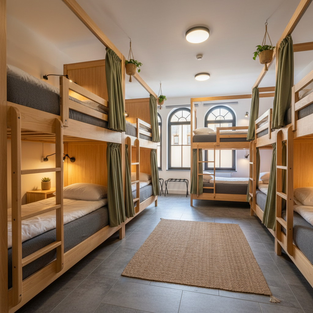 Clean comfortable hostel room with beds, study desk, bright natural lighting, warm inviting atmosphere