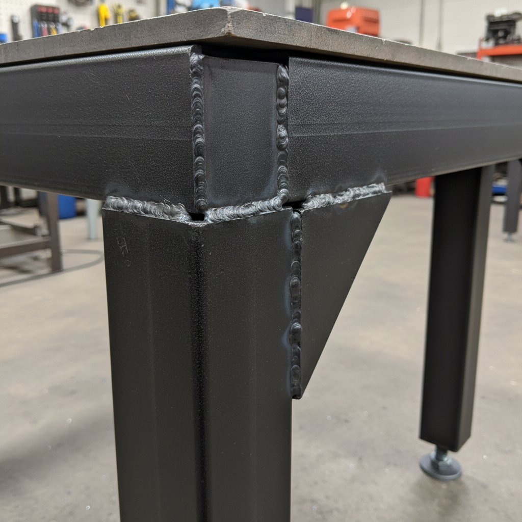 Steel workbench leg detail showing welded corner gusset and powder-coat finish