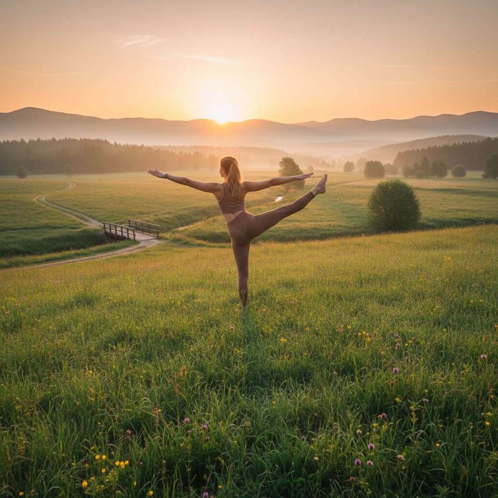 Yoga practitioners in outdoor pavilion at sunrise, lush greenery, bright natural light