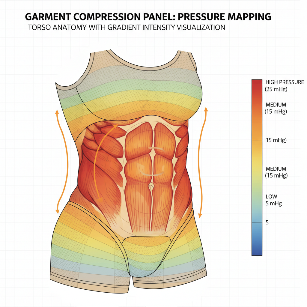 Garment compression panel diagram showing pressure zones mapped across torso with gradient intensity visualization