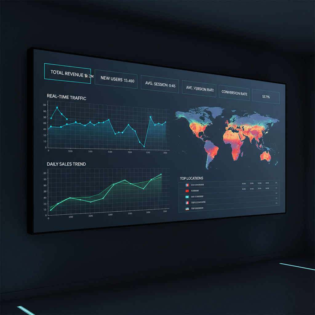 Analytics dashboard with dark theme showing real-time line charts, metric cards, and geographic heat map