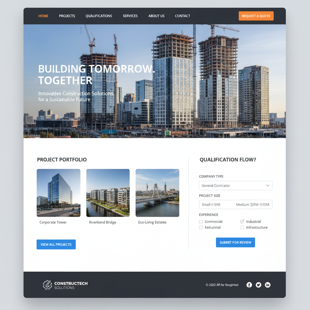 Construction website landing page showing a project portfolio and qualification flow