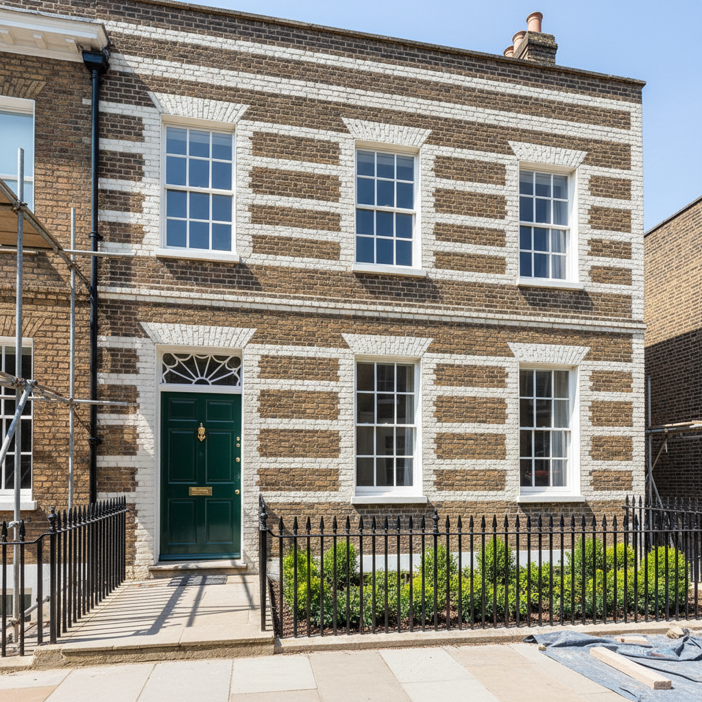 Georgian farmhouse facade restoration with hand-pressed bricks matching original 18th century brickwork, lime mortar pointing visible