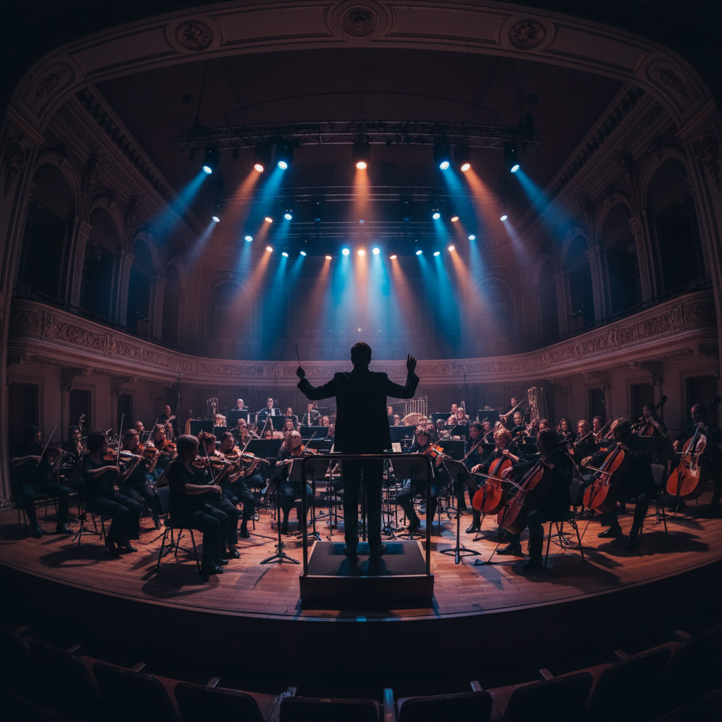 Dramatic orchestra performance with dramatic lighting and conductor silhouette
