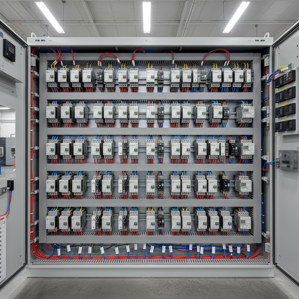 Motor control center panel with rows of motor starters and protection relays in a manufacturing plant