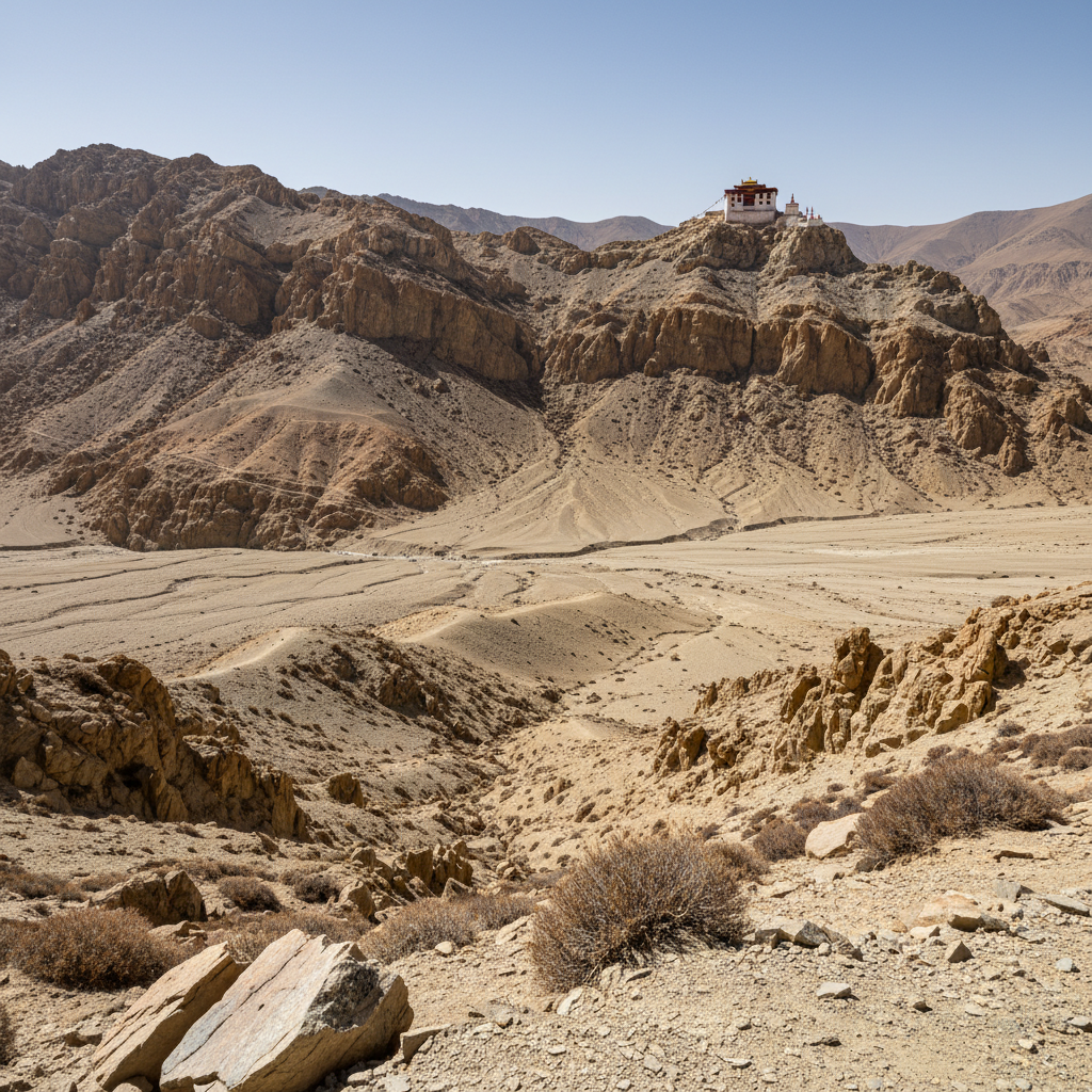 Spiti Valley high altitude desert landscape with ancient monastery on cliff