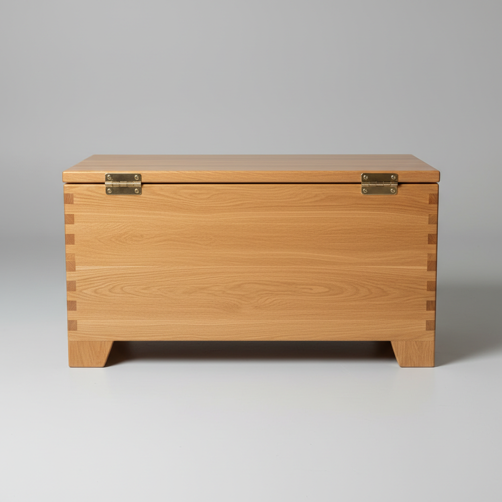 Knotty pine wood storage box with fitted hinged lid showing natural grain and warm finish