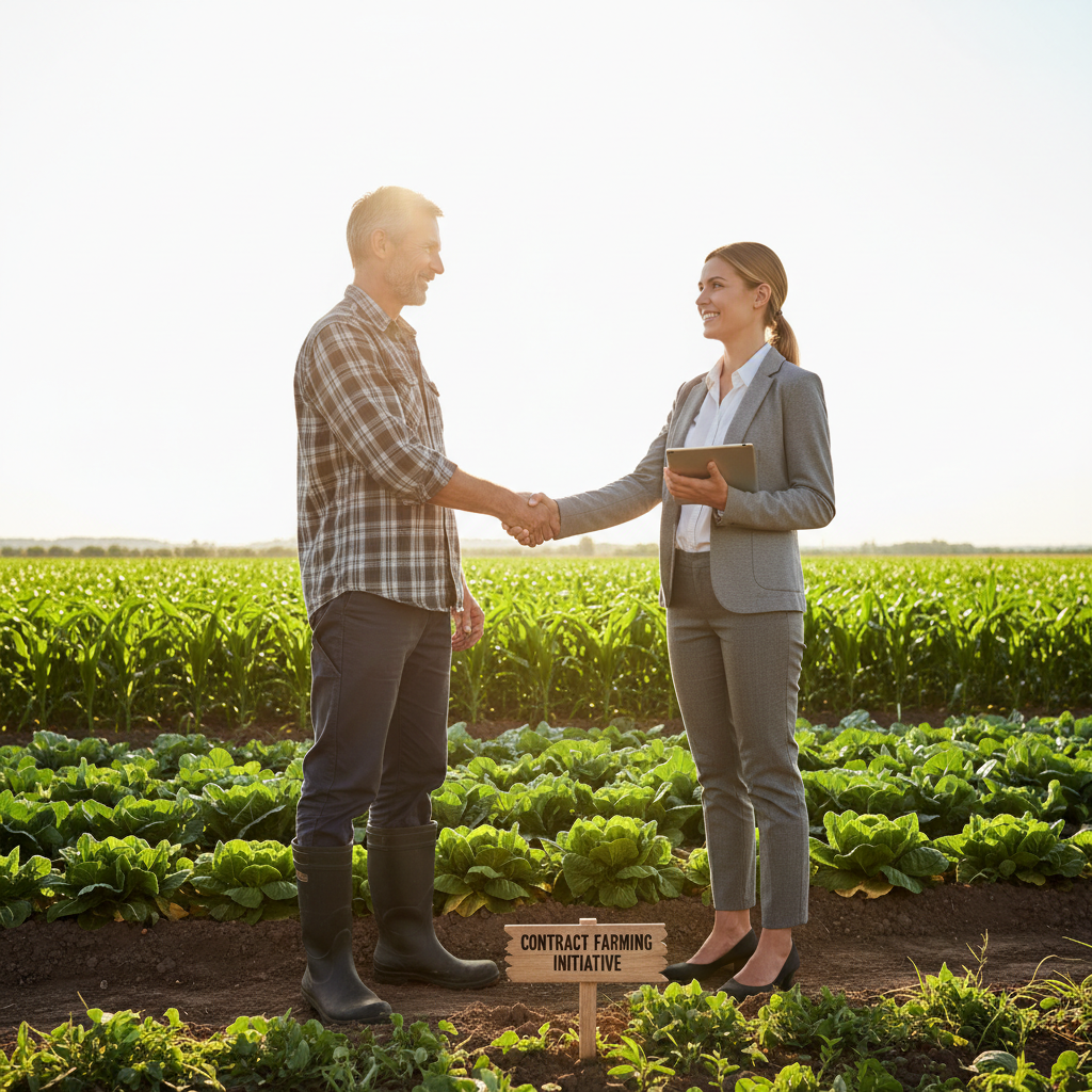 Farmer and agricultural expert shaking hands in green farm field, partnership and contract farming concept