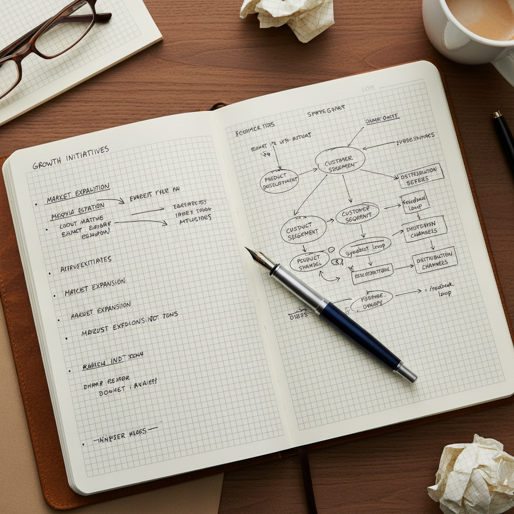 Open notebook with handwritten strategic notes, diagrams, and a pen resting on the page
