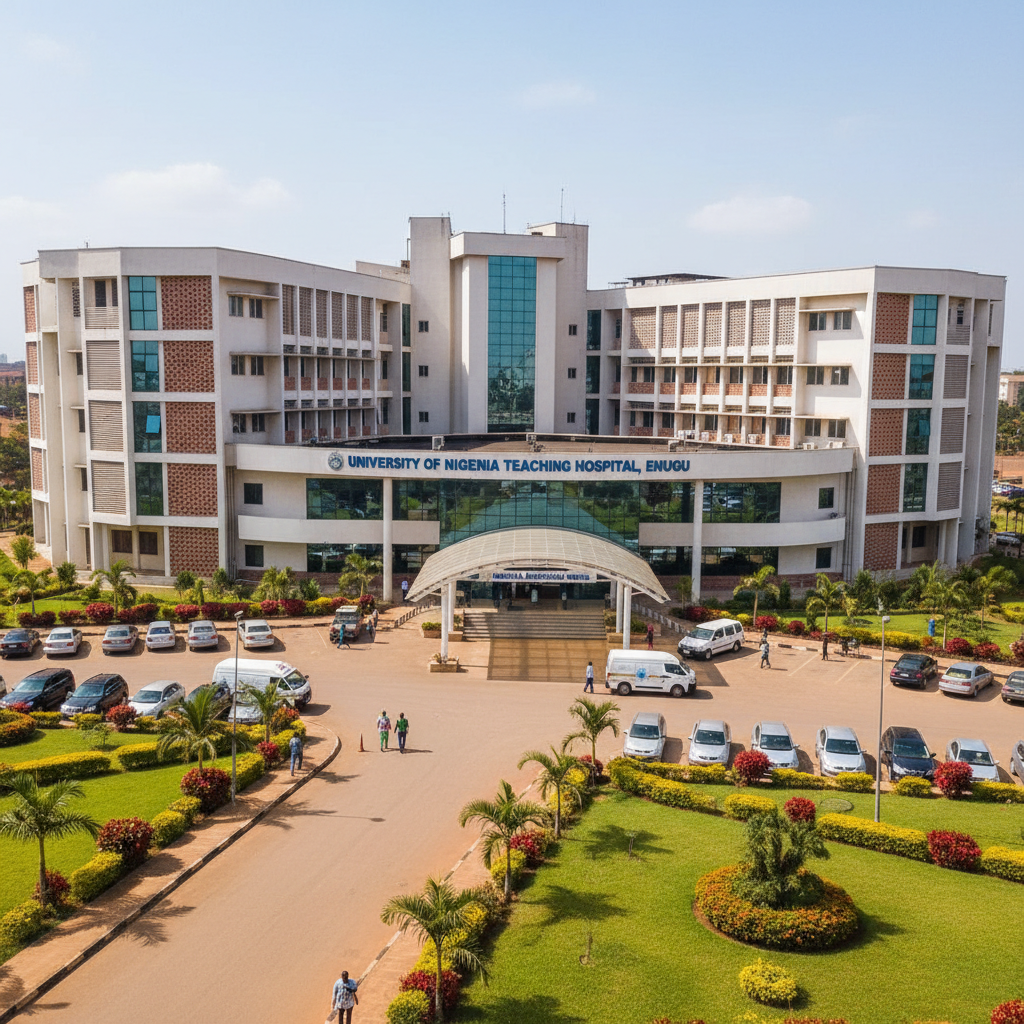 University teaching hospital in Enugu Nigeria, medical campus, healthcare facility exterior, daylight