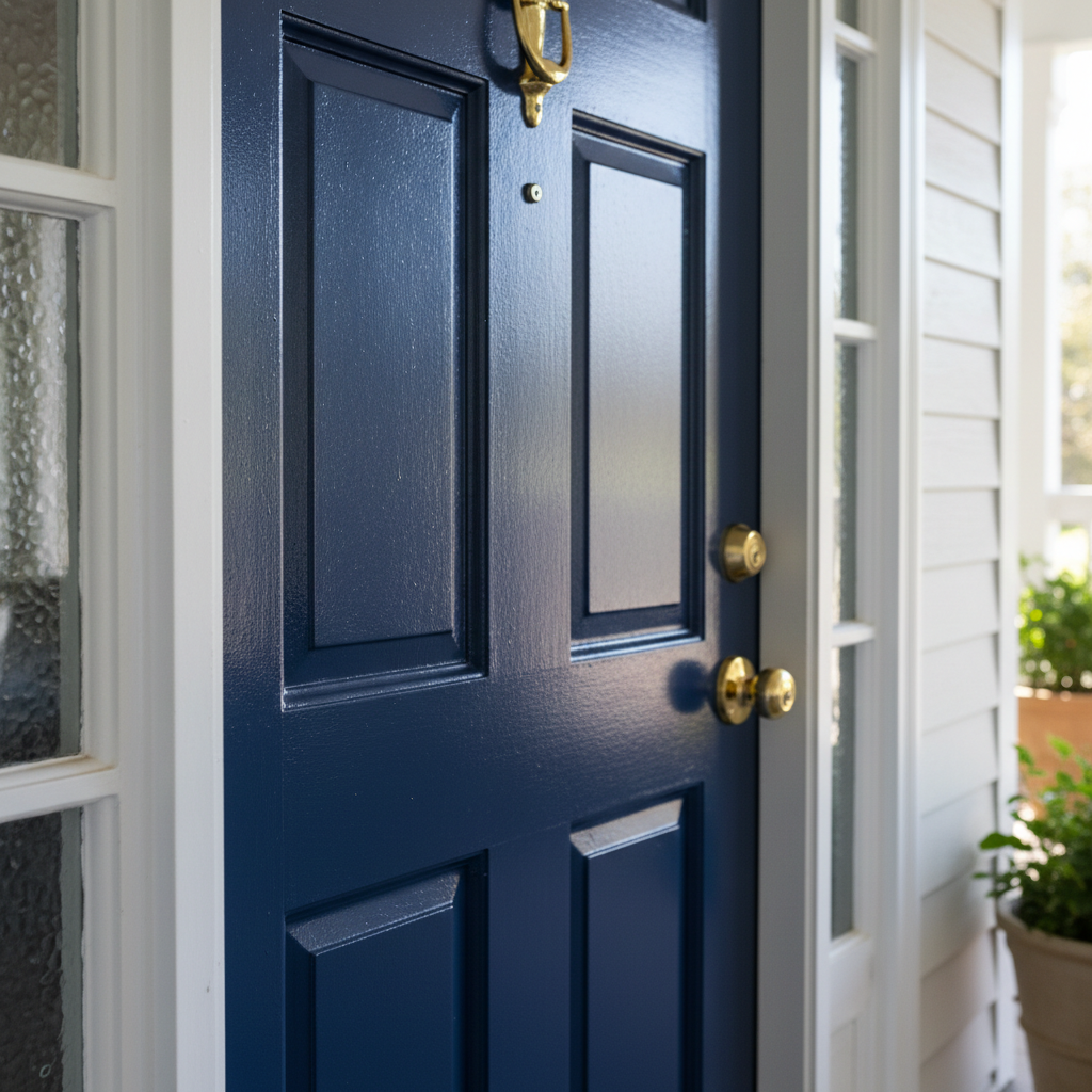 Stripped and freshly painted wooden front door in deep navy blue on a London terrace