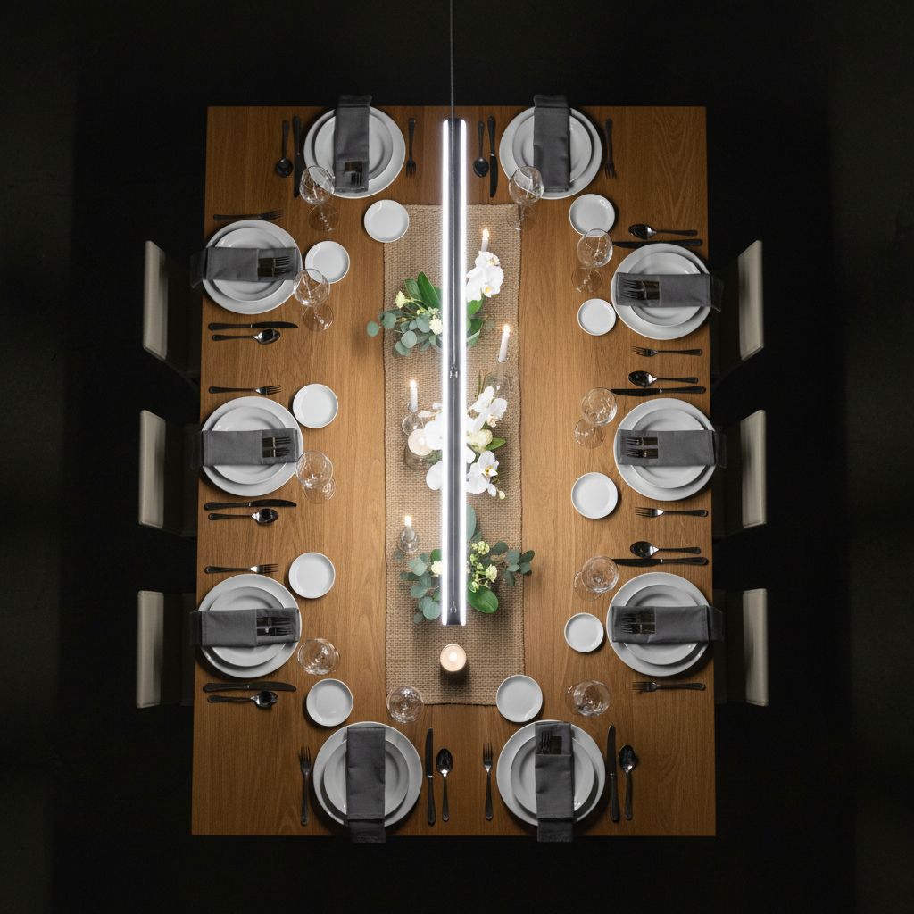 Aerial view of a set dining table with eight place settings under a linear pendant casting a precise pool of light across the center, edges fading to soft shadow