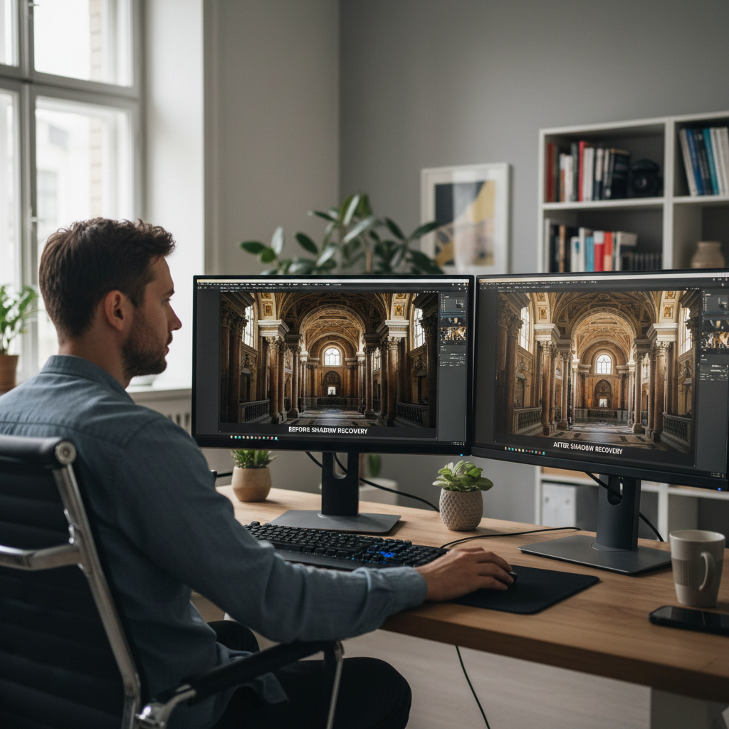 Man at dual monitor workstation showing before and after shadow recovery on architectural interior