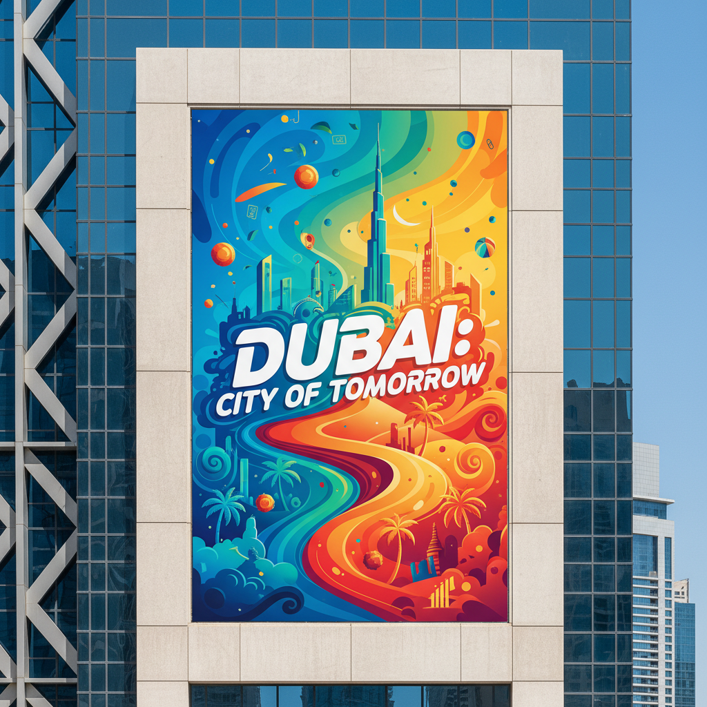 Large format outdoor banner installation on a building facade in an urban city environment, vivid full-color graphics