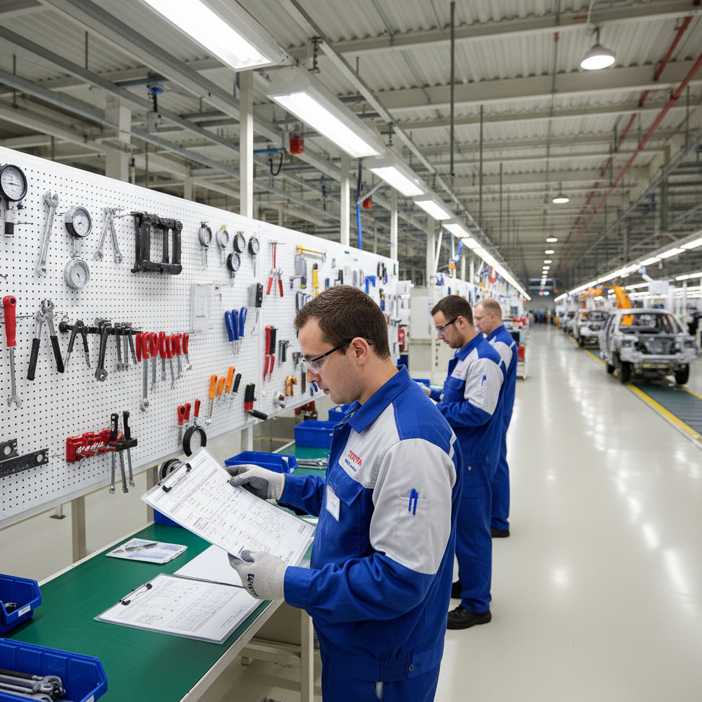 Production line overview with multiple workstations, bright industrial facility, efficient layout