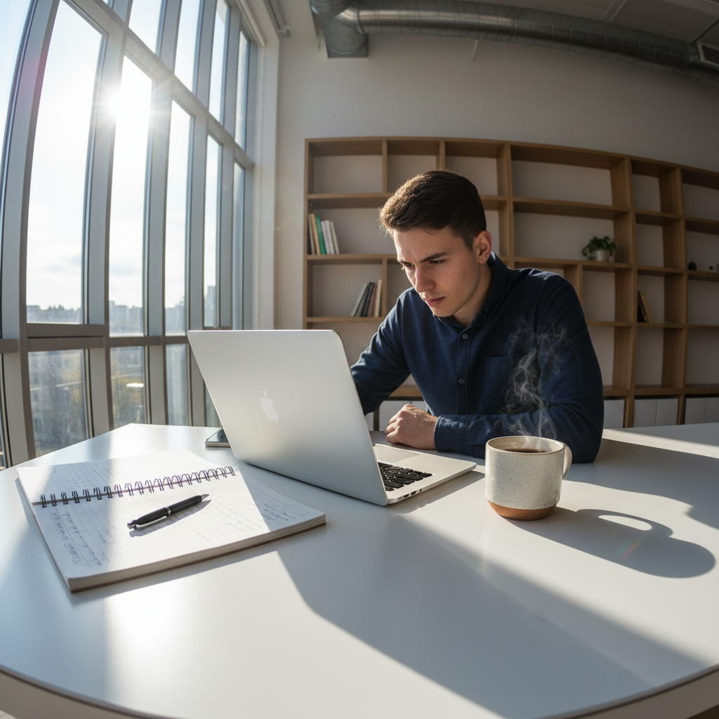 Person studying on laptop in bright café, focused and engaged with learning content