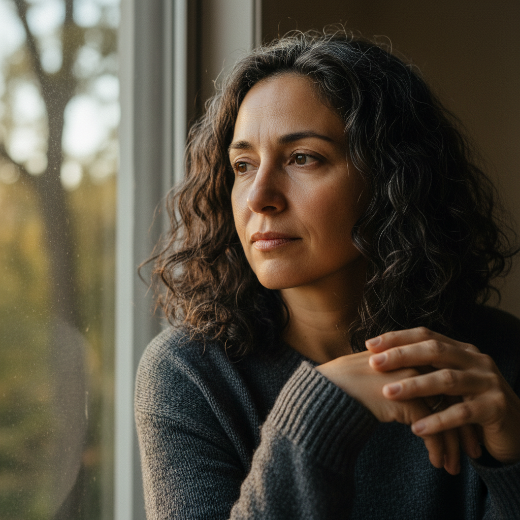 Black and white portrait of Nadia Soren, contemplative author, seated near a window with soft natural light
