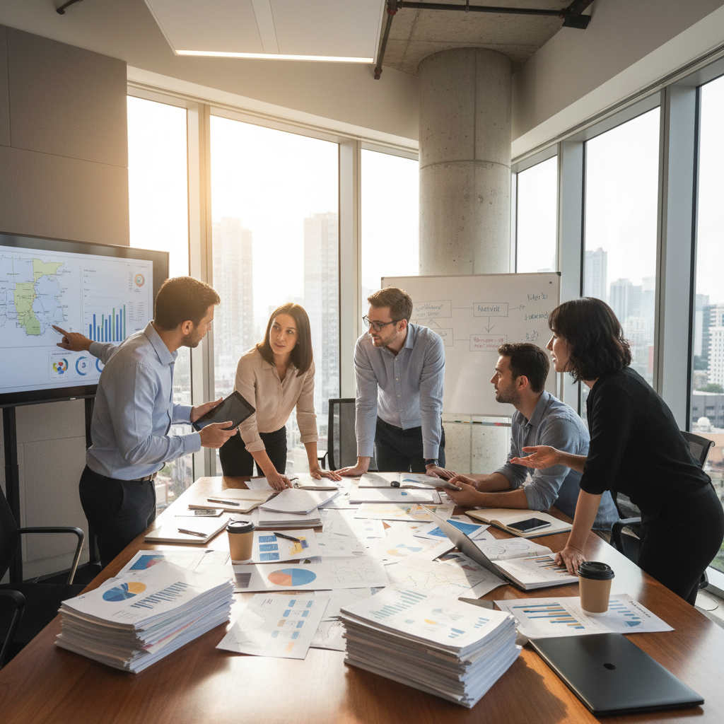 Business professionals collaborating in a modern office environment with laptops and strategy documents