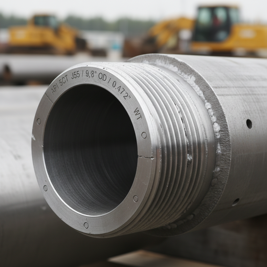 Steel well casing being lowered into borehole, workers guiding casing with centralizers visible along length