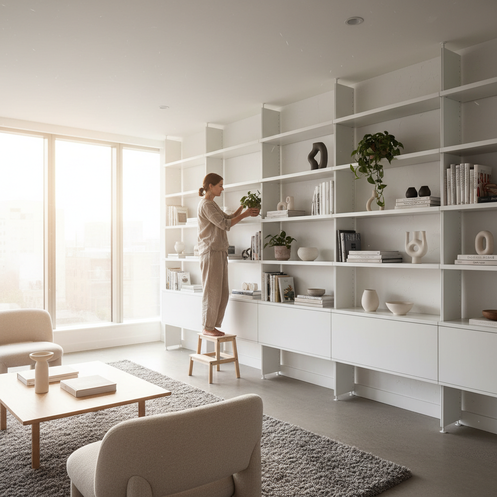 Nina Castillo styling Bower Home modular shelving system in a bright minimalist apartment