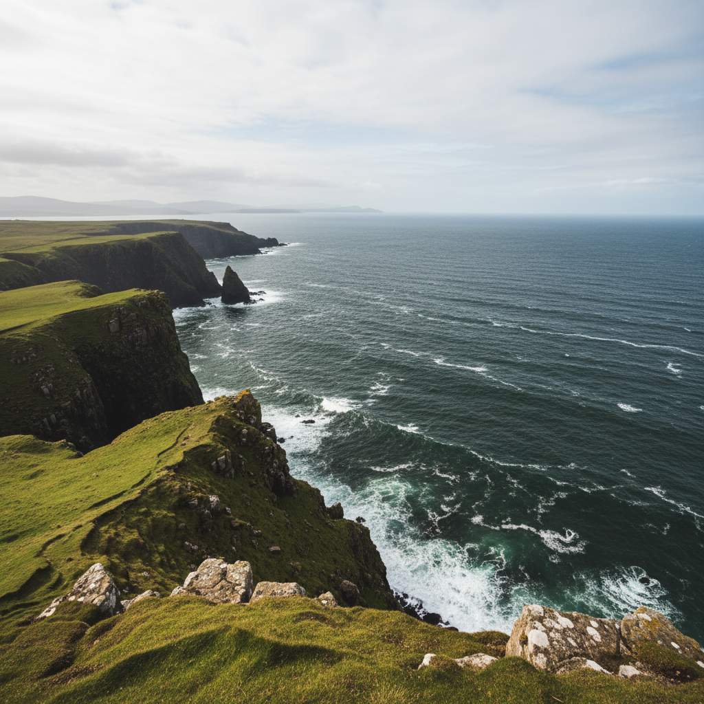 Vast Atlantic ocean view from a Scottish headland, deep green cliffs dropping to near-black water
