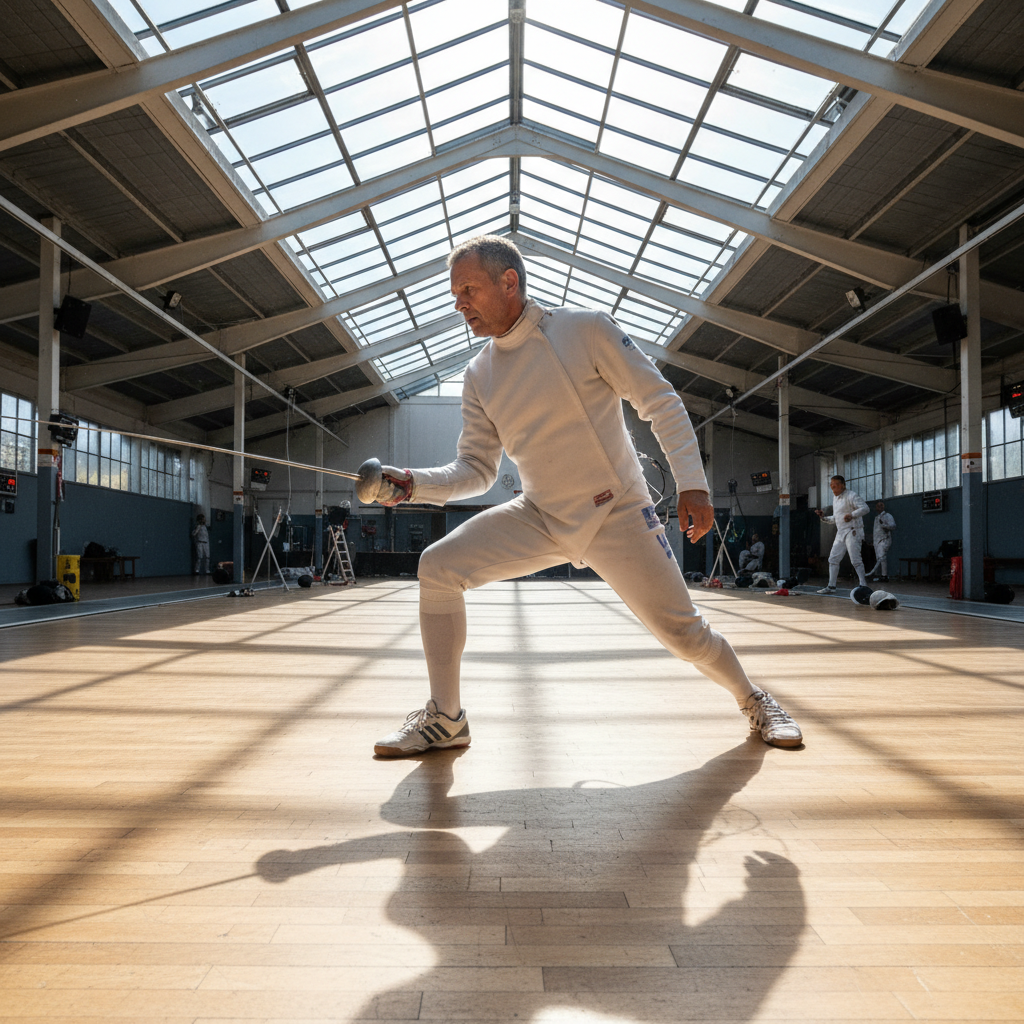 Marcus Okafor, veteran sabre master, demonstrating footwork at Chicago salle