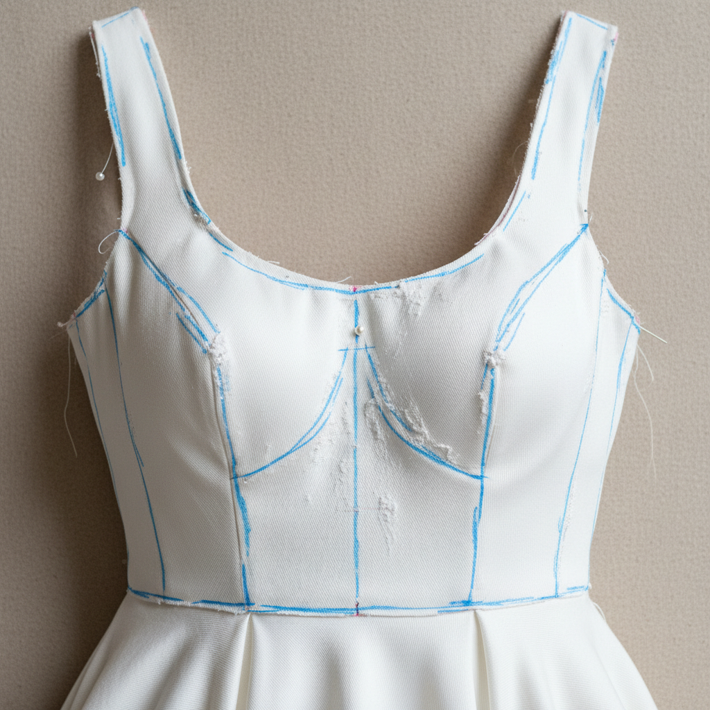 White bridal gown bodice with seam chalk lines visible