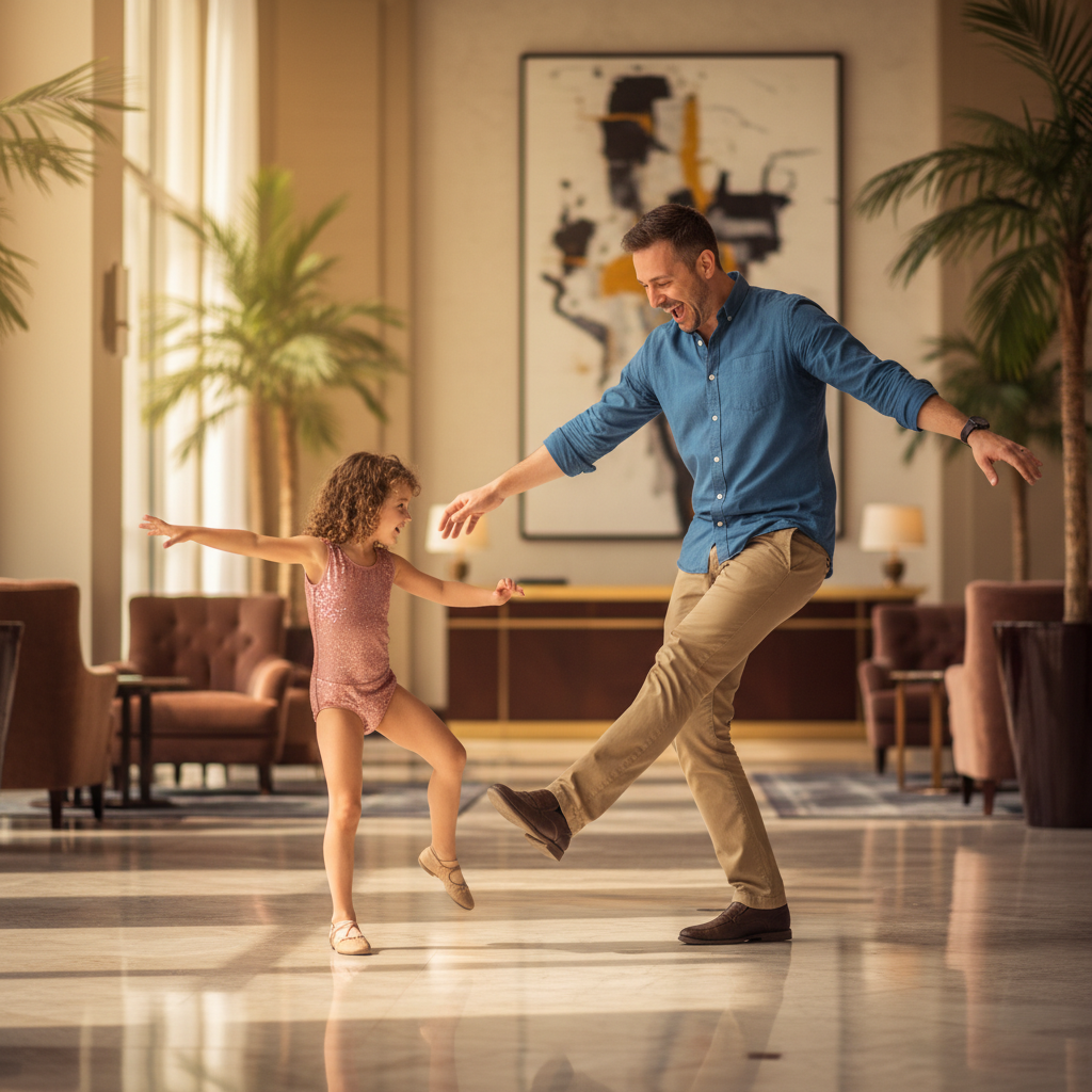 Child in the lobby teaching her dad a move, dad laughing and attempting to mirror her footwork