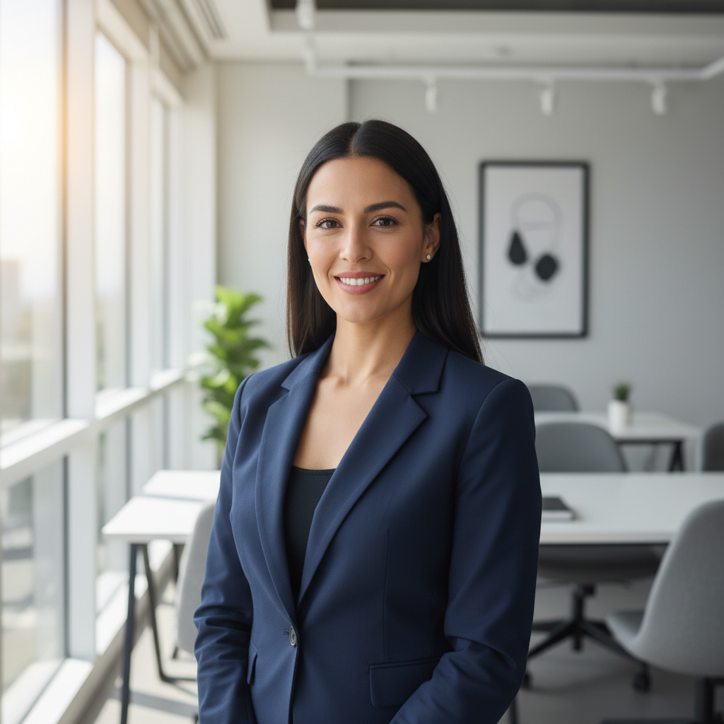 Filipino businesswoman Maria Santos in professional navy blazer smiling confidently in modern office