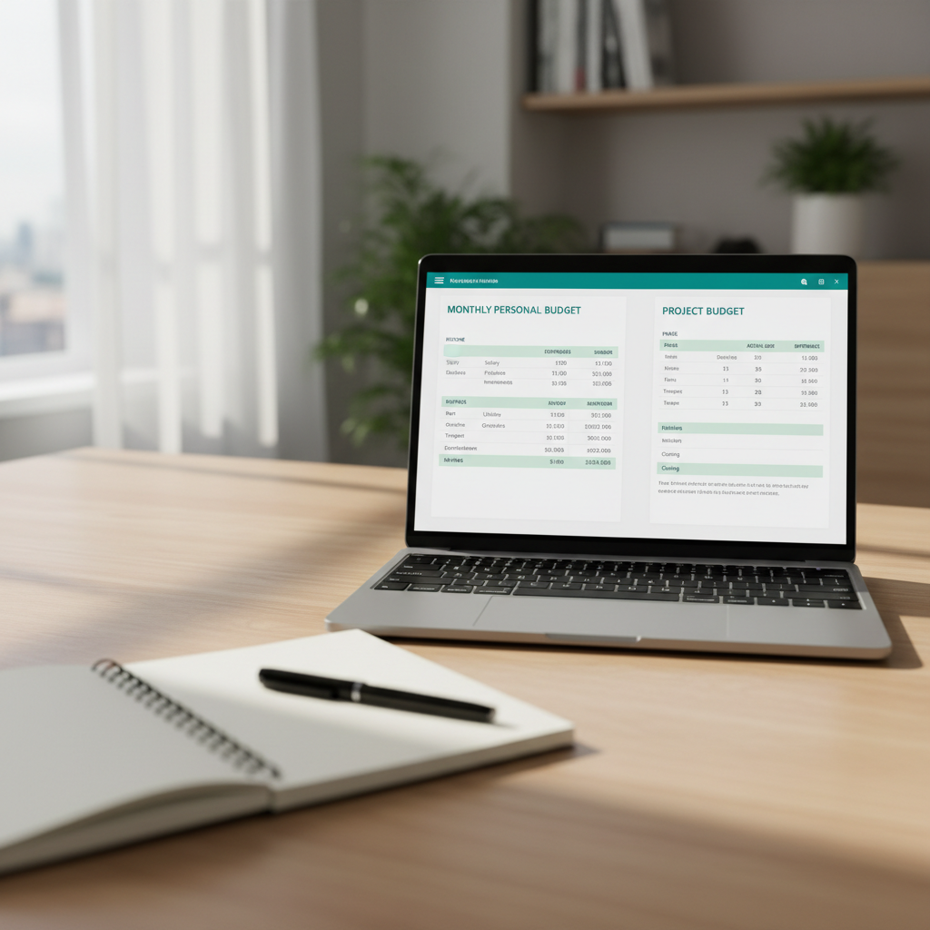 Excel spreadsheet overview showing multiple financial templates including income tracker, expense categories, VAT calculator and budget planner tabs