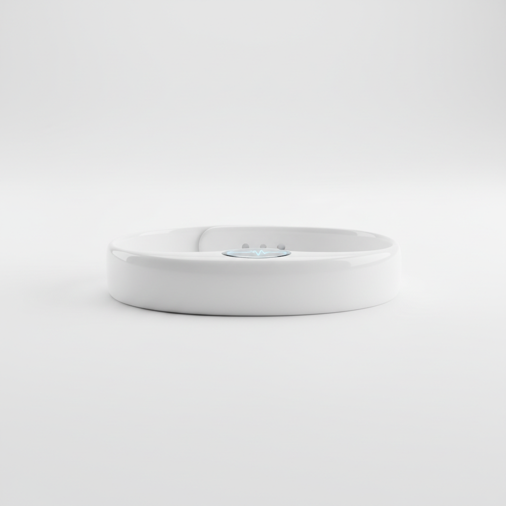 Clean white medical technology device on dark surface, minimal product photography, dim studio lighting, dark background