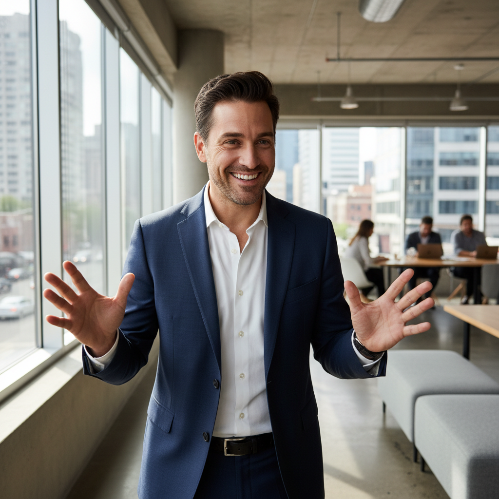 A charismatic marketing professional gesturing expressively in a co-working space, city traffic visible through window behind him