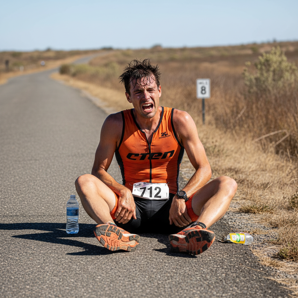 Exhausted triathlete sitting on course, unable to continue, cramped and depleted at mile 8 of the run