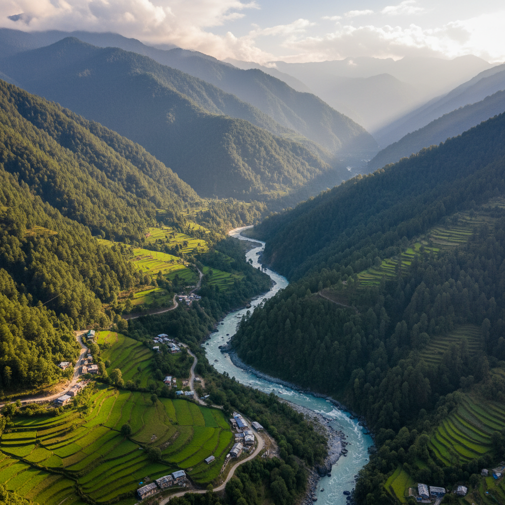 Aerial view of winding river through lush green valley, bird eye perspective, natural landscape