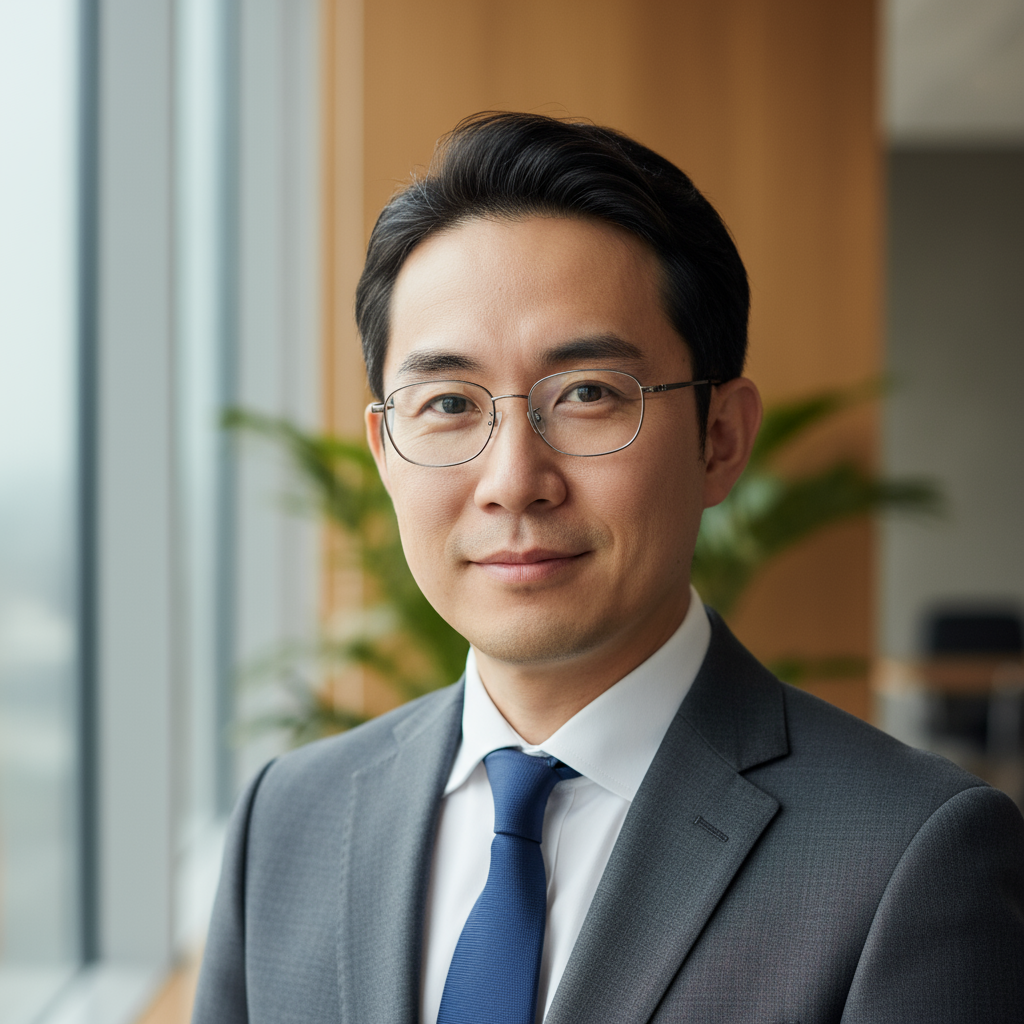 Professional portrait of Marcus Chen, Asian man with glasses in charcoal suit