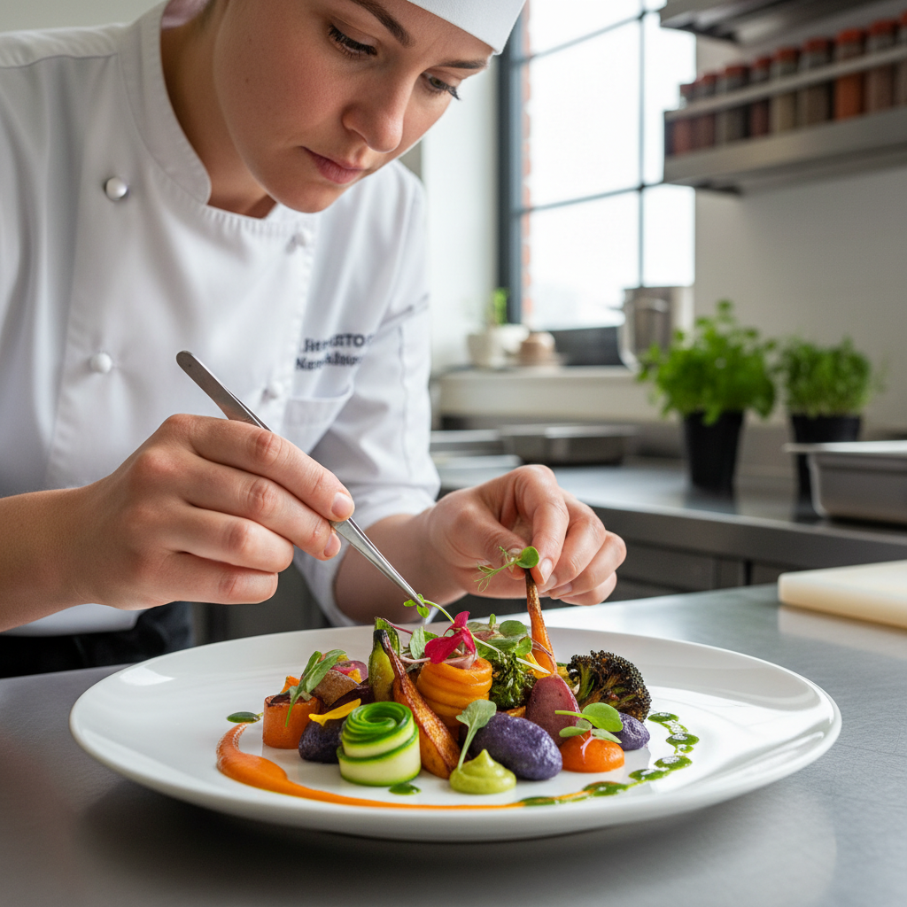 Chef carefully plating a fine dining dish with tweezers, focused expression in a professional kitchen with warm lighting